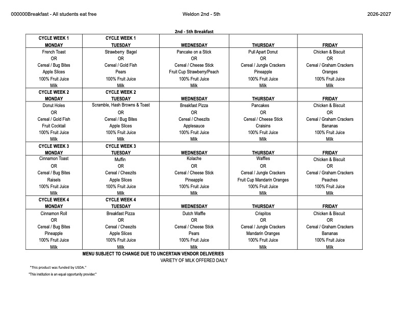 2026-2027 WES Breakfast Menu